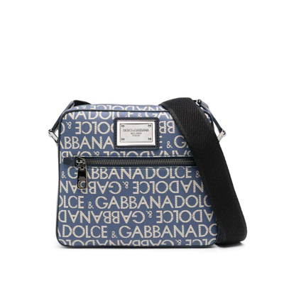 Dolce & Gabbana Brand-logo Cotton-blend Shoulder Bag In Blue Ecru