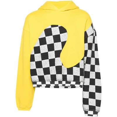 Erl Check-pattern Panelled Cotton Hoodie In Yellow
