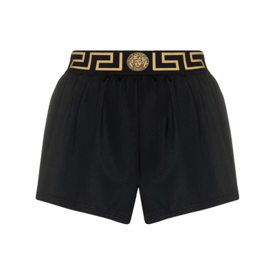 Versace Jacquard-trimmed Stretch Silk-satin Shorts In Black