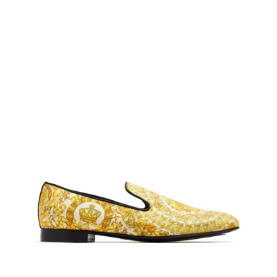 Versace Barocco-print Satin Loafers In Yellow