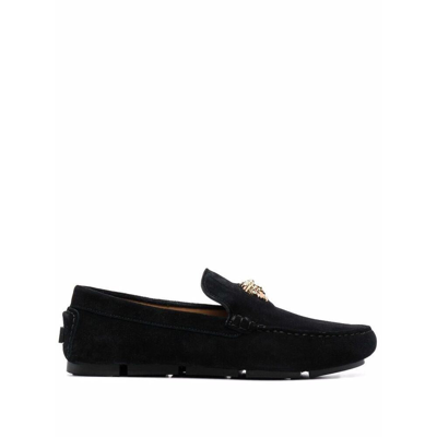 Versace Men's Medusa Leather Driver Loafers In Black,silver