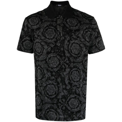 Versace Barocco-jacquard Cotton Polo Shirt In Black