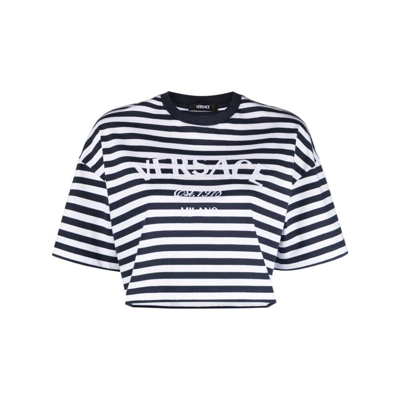 Versace Logo-embroidered Striped T-shirt In White+navy+multicolor