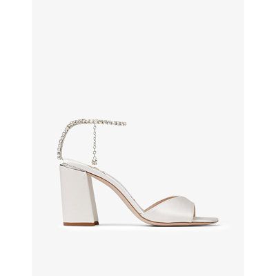 JIMMY CHOO WOMENS IVORY/CRYSTAL SAEDA 85 CRYSTAL-EMBELLISHED SATIN HEELED SANDALS EUR 40 / 7 UK