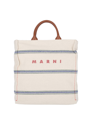 Marni Logo Printed Tote Bag In Cream