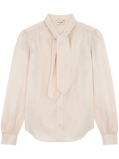 Saint Laurent Lavallière-neck Silk-satin Blouse In Beige