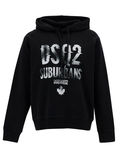 Dsquared2 Black Hoodie With Logo Print In Cotton Man In Nero