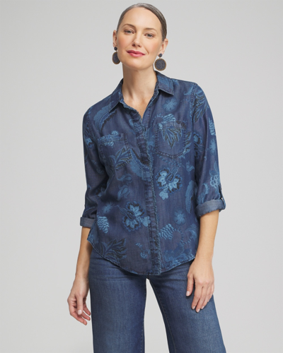 Chico's Twill Floral Fringe Shirt In Blue Size Large |