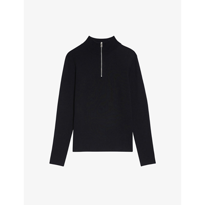 Sandro Wool Sweater With Zipped Collar In Carbon Black