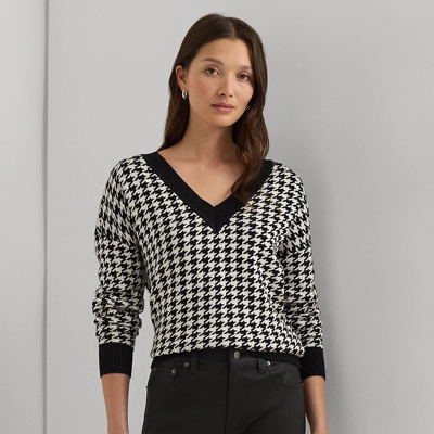 Lauren Ralph Lauren Houndstooth Jacquard V-neck Sweater In Black/mascarpone Cream