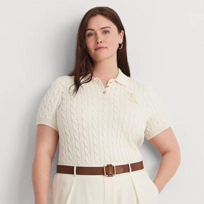 Lauren Woman Cable-knit Cotton Polo Sweater In Mascarpone Cream