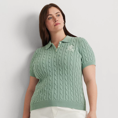 Lauren Woman Cable-knit Cotton Polo Sweater In Soft Laurel