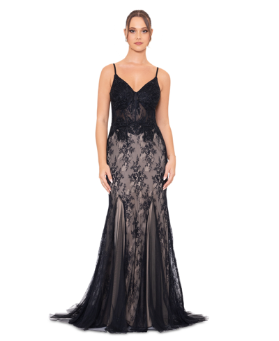 Blondie Nites Juniors' Lace Boned-bodice Evening Gown In Black,nude