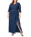 Alex Evenings Beaded Lace Bodice Empire Waist Gown In Navy