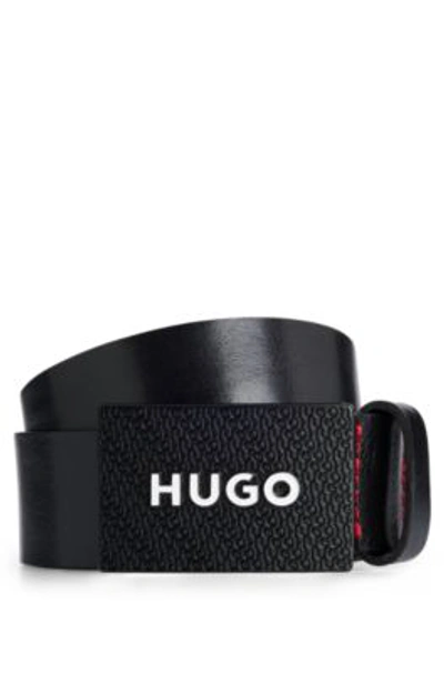 Hugo Italian-leather Belt With Branded Plaque Buckle In Black