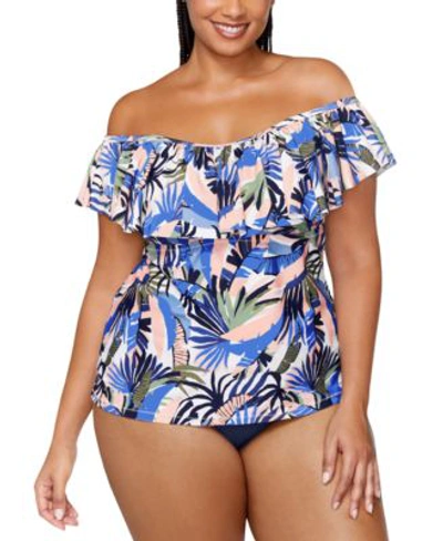 Raisins Curve Trendy Plus Size Tortuga Printed Tankini Top Bottoms In Multicolor