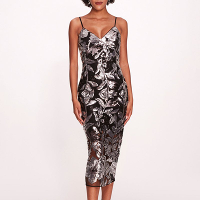 Marchesa Notte Botanical Sequin Midi Dress In Black