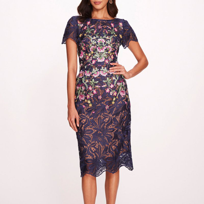 Marchesa Notte Floral-embroidered Lace Bodycon Midi Dress In Navy