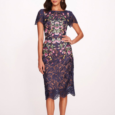 Marchesa Notte Floral-embroidered Lace Bodycon Midi Dress In Multi