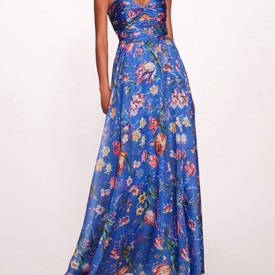 Marchesa Notte Ribbons Cape Gown In Blue