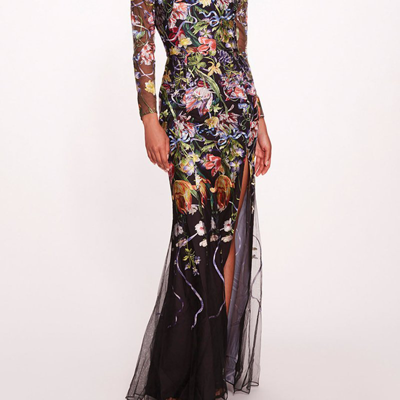 Marchesa Notte Ribbons Long Sleeve Gown In Black