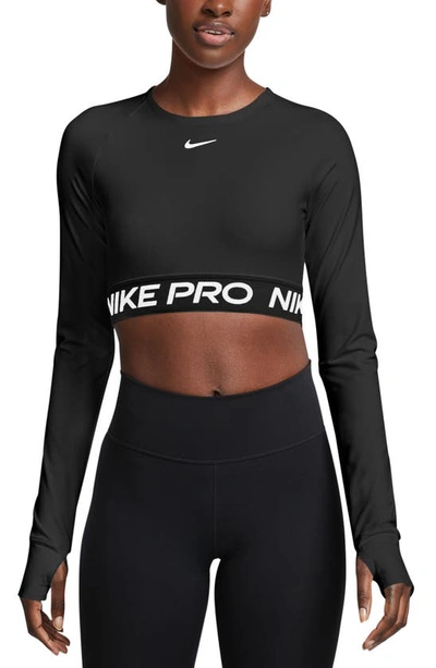Nike Women's  Pro Dri-fit Cropped Long-sleeve Top In Black/white 