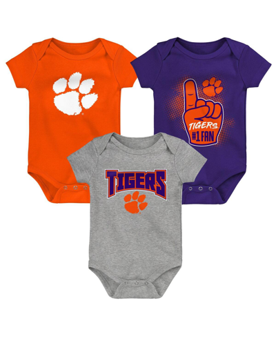 Outerstuff Babies' Infant Boys And Girls Orange, Purple, Heathered Gray Clemson Tigers 3-pack Game On Bodysuit Set