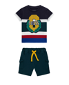 GUESS BABY BOYS SHORT SLEEVE STRIPE T SHIRT WITH APPLIQUE GRAPHIC AND FRENCH TERRY CARGO SHORTS, 2 PIECE S