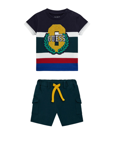Guess Baby Boys Short Sleeve Stripe T Shirt With Applique Graphic And French Terry Cargo Shorts, 2 Piece S In Multi