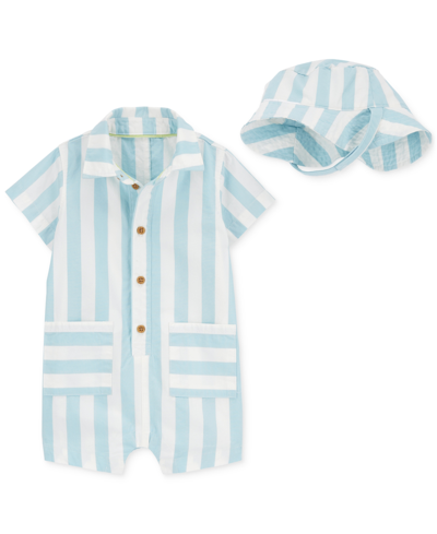 Carter's Baby Boys Striped Romper And Hat, 2 Piece Set In Blue