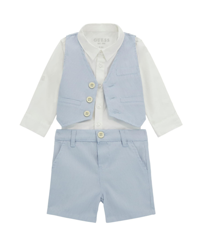 Guess Baby Boys Woven Shorts, Shirt And Vest, 3 Piece Set In Blue