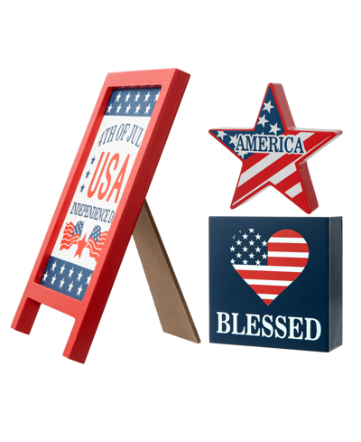 Glitzhome Set Of 3 Patriotic, Americana Wooden Block Table Sign In Multi