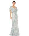 Mac Duggal Flutter Sleeve Embellished Lace Trumpet Gown In Seafoam