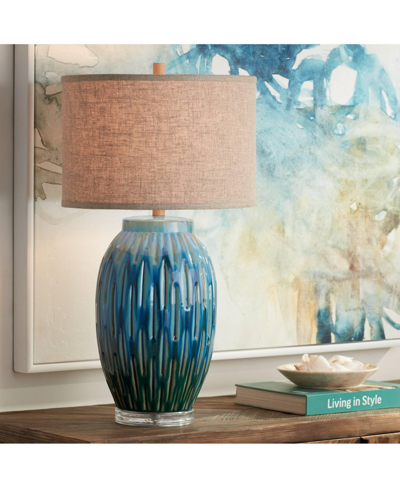 360 Lighting Selena Modern Table Lamp 28 1/2" Tall Green Blue Glaze Ceramic Grooved Lines Pattern Oatmeal Fabric