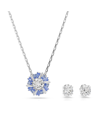 Swarovski Mixed Cuts, Flower, Blue, Rhodium Plated Idyllia Set, 2 Piece