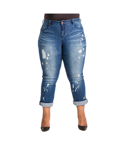 Poetic Justice Women's Plus Size Curvy-fit Bleach Spots Boyfriend Jeans In Blue