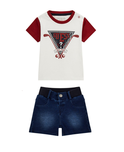 Guess Baby Boys Short Sleeve Colorblock Logo T Shirt With Knit Denim Shorts Set In White
