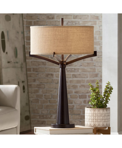 Franklin Iron Works Tremont Rustic Farmhouse Table Lamp 31 1/2" Tall Allegheny Bronze Brown Iron Burlap Fabric Drum Shad