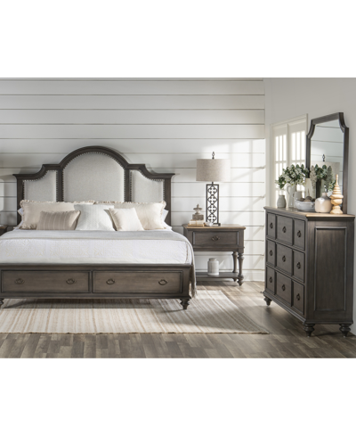 Macy's Mandeville 3pc Bedroom Set (upholstered California King Storage Bed + Dresser + 1-drawer Nightstand) In Brown