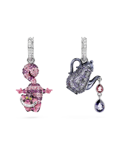 Swarovski Asymmetrical Design, Cat And Teapot, Multicolored, Rhodium Plated Alice In Wonderland Drop Earrings