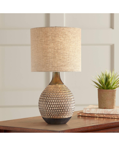 360 Lighting Emma Mid Century Modern Style Accent Table Lamp 21" High Brown Textured Wood Ceramic Oatmeal Fabric