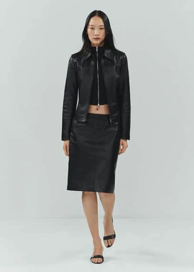 Mango 100% Leather Midi Skirt Black