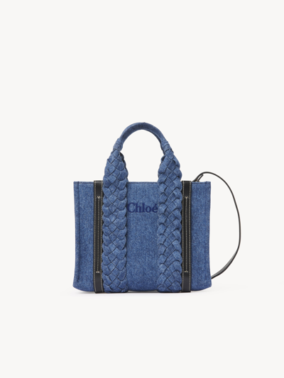 Chloé Small Woody Tote Bag In Denim Blue Size Onesize 100% Cotton, Calf-skin Leather