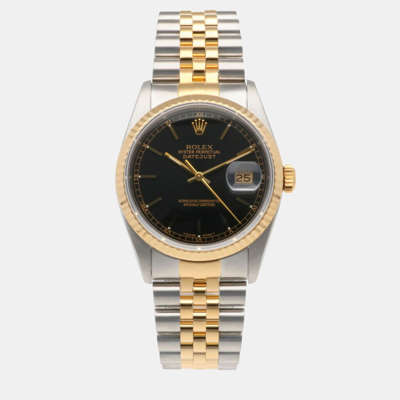 Pre-owned Rolex Black 18k Yellow Gold And Stainless Steel Datejust 16233 Automatic Men's Wristwatch 36 Mm