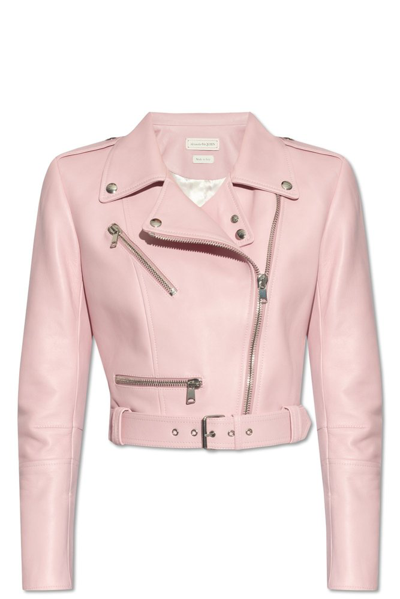 Alexander Mcqueen Cropped Zipped Leather Biker Jacket In Pink