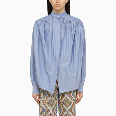 ETRO ETRO LIGHT BLUE COTTON BLOUSE WITH RUFFLED PATTERN