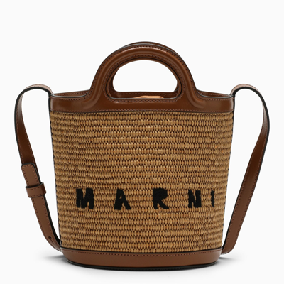 Marni Woman Two-tone Leather And Raffia Tropicalia Bucket Bag In Multicolor
