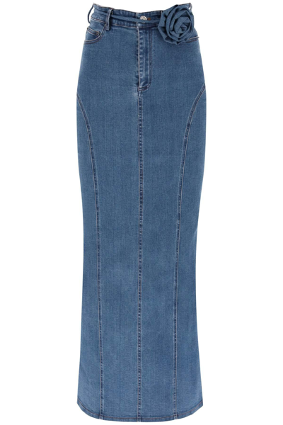 Rotate Birger Christensen Rotate Floral Detailed Denim Long Skirt In Blue