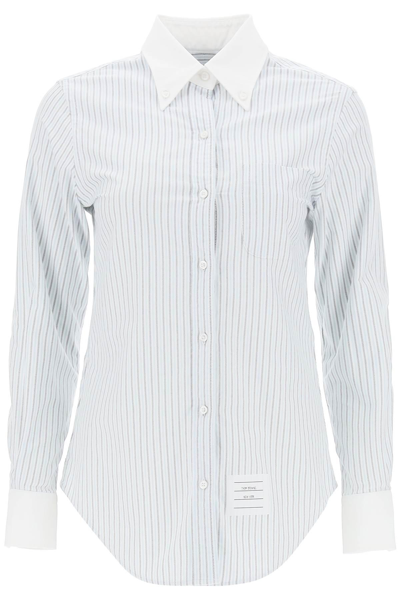 Thom Browne Striped Oxford Shirt In White,light Blue