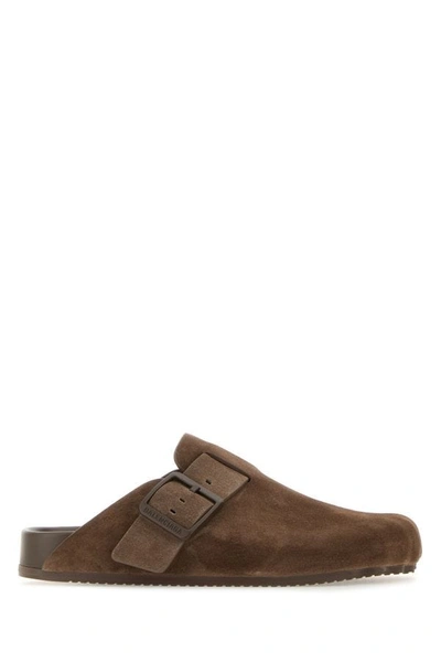 Balenciaga Sunday Suede Buckle Easy Mules In Brown